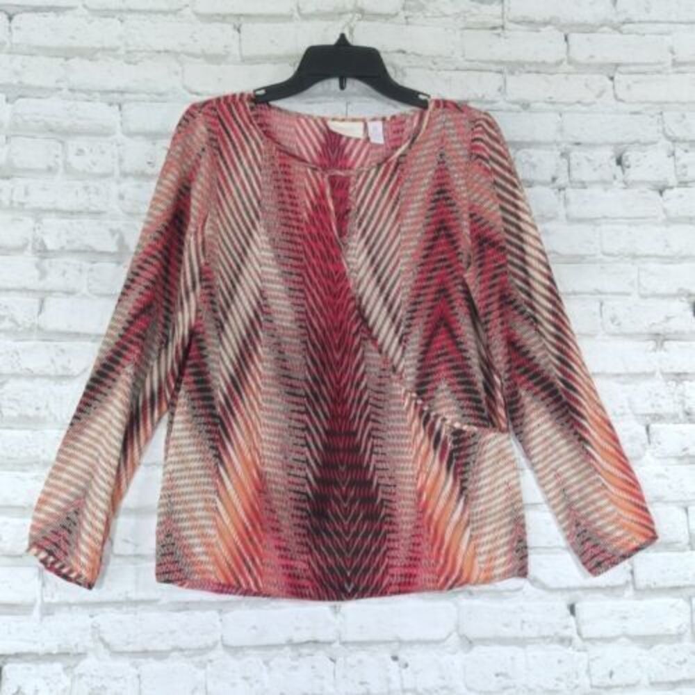 Chicos Womens Blouse 0 Red Geometric Striped Faux Wrap Long Sleeve Keyhole Neck